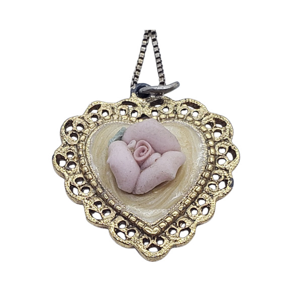 Vintage Heart Necklace Pink Porcelain Rose Gold Plated Filigree Artisan Handmade - Picture 1 of 12